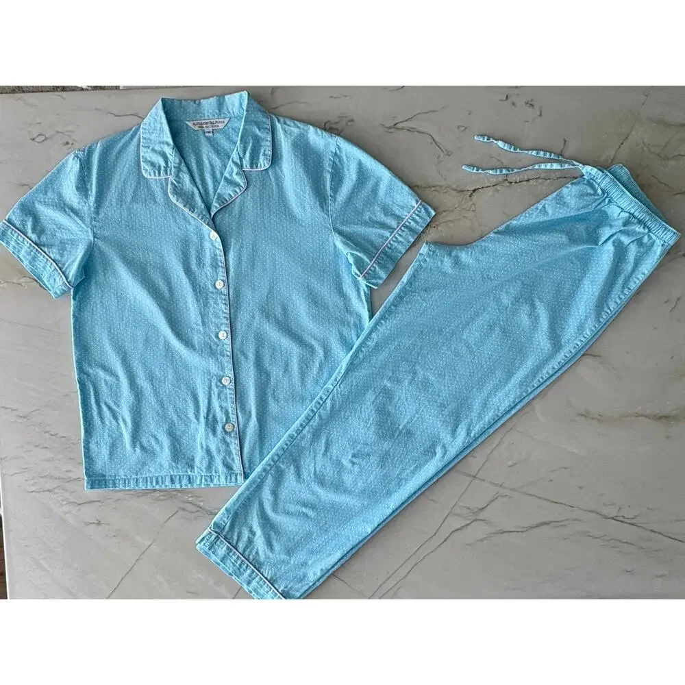 Alexander Del Rossa  Ice Blue polka Dot 100% Cotton Pajama Set Womens M